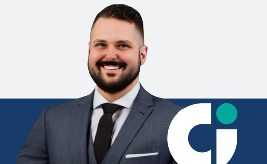 Keith Maciejewski's photo with the Columbia Insurance logo alongside it on a field of blue and light gray. 