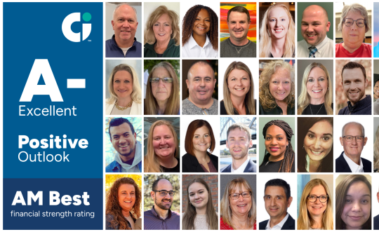 Graphic with AM Best rating and photos of Columbia Insurance employees.