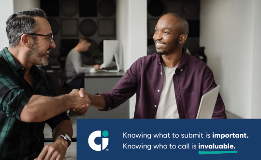 Two men shaking hands. Text in the corner reads "Knowing what to submit is important. Knowing who to call is invaluable."