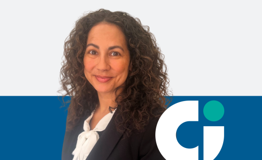 Photo of Angie Gallo along with a blue bar and the Columbia logo.