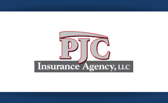 PJC Insurance Agency Logo, featuring P-J-C gray letters with a red outline over a gray bar reading Insurance Agency.