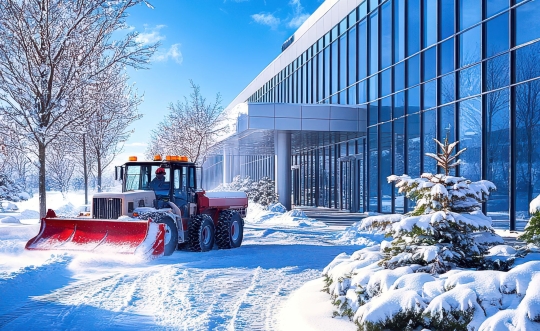 A red tractor plowing snow and ice from a walkway in front of a modern building.
