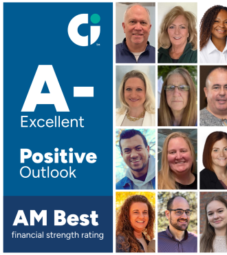 Graphic with AM Best rating and photos of Columbia Insurance employees.