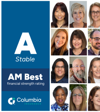 Graphic with AM Best rating A/stable and photos of Columbia Insurance employees.