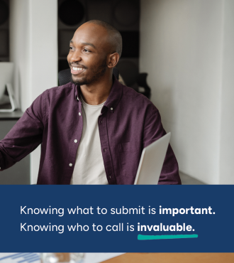 Two men shaking hands. Text in the corner reads "Knowing what to submit is important. Knowing who to call is invaluable."