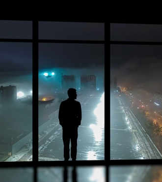 Man looks out of window at a storm.