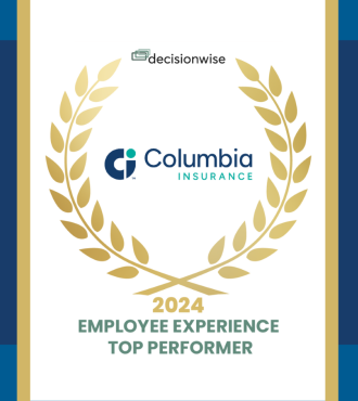 Graphic reading "2024 Employee Experience Top Performer from DecisionWise" with Columbia Insurance and DecisionWise logos on a two-tone blue box.