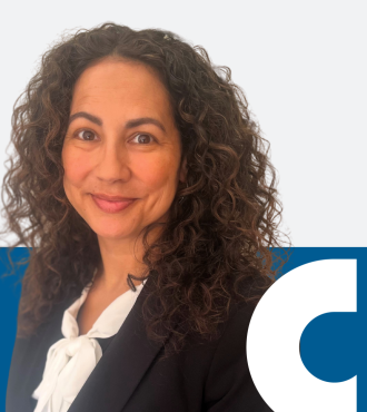 Photo of Angie Gallo along with a blue bar and the Columbia logo.