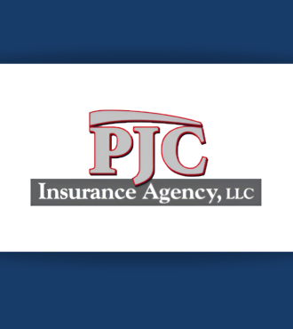 PJC Insurance Agency Logo, featuring P-J-C gray letters with a red outline over a gray bar reading Insurance Agency.