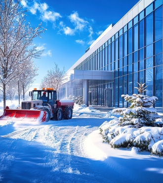 A red tractor plowing snow and ice from a walkway in front of a modern building.