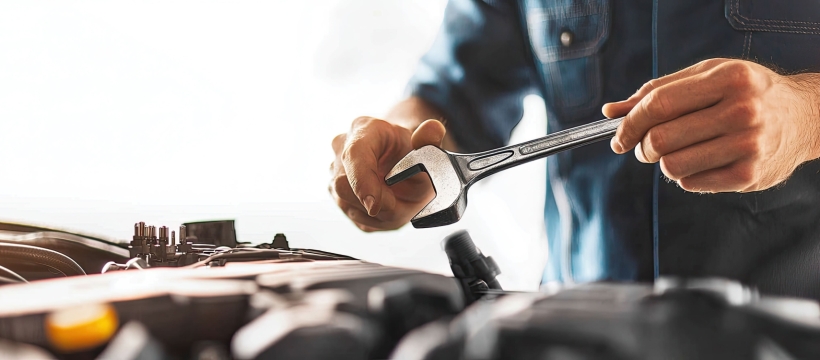 Up close view of someone working on a car. 